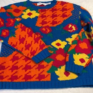 Vintage Robert Scott Chunky Knit Cotton Blend Floral Print Pullover Sweater SZ M